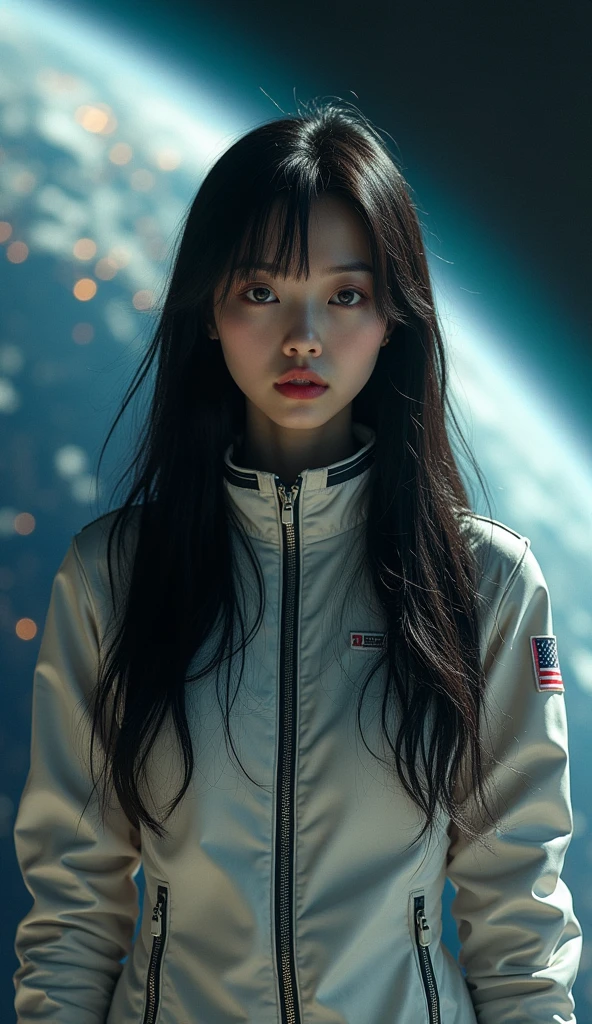 jaxsa、Adult woman with depression、Japanese、Black Hair、Brown eyes、Pink Lips、Spacesuit、Upper Body、universe space、Earth、Real、Masterpiece、Highest quality、