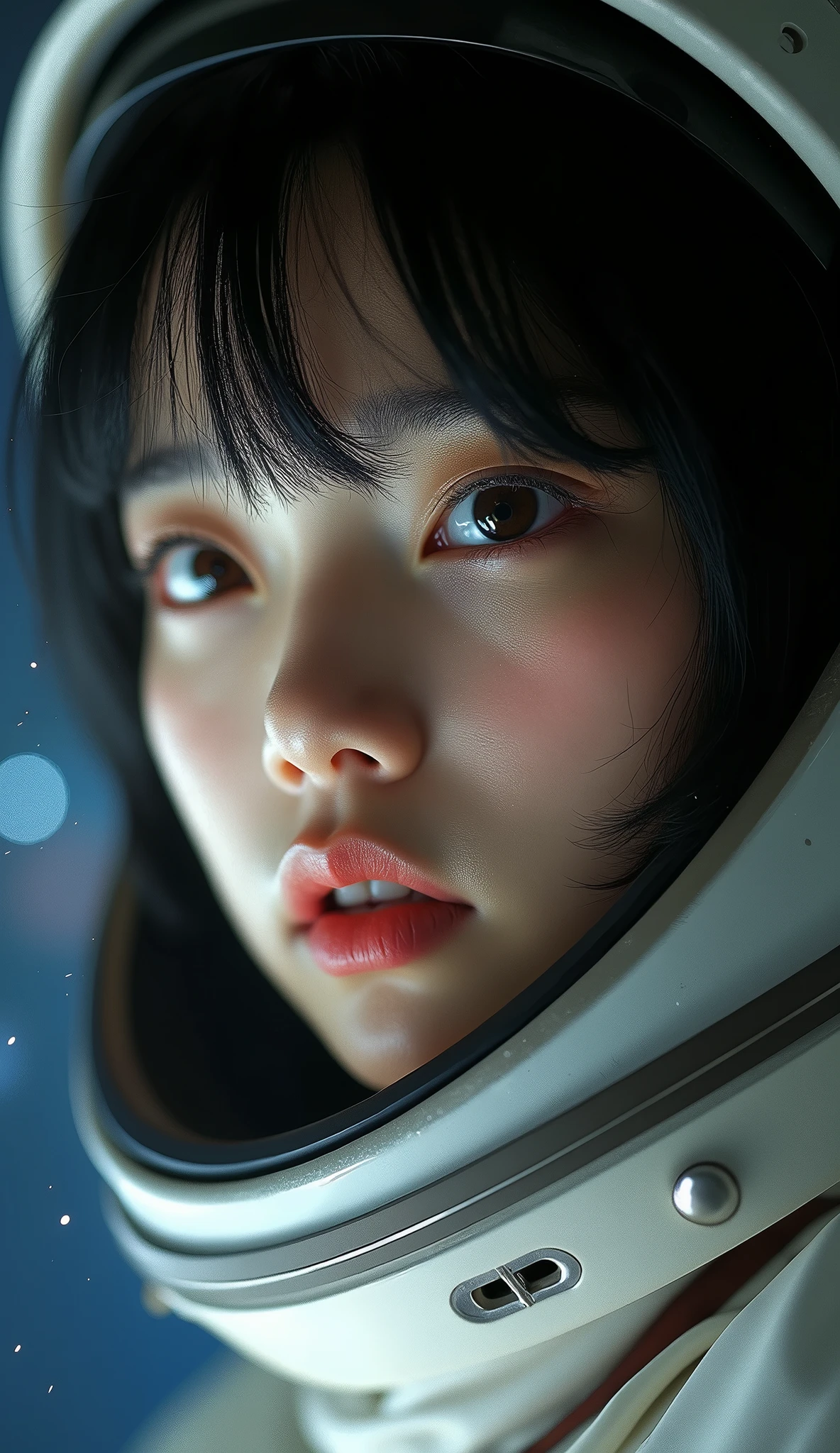 jaxsa、Adult woman with depression、Japanese、Black Hair、Brown eyes、Pink Lips、Spacesuit、Close-up of face、Real、Masterpiece、Highest quality、