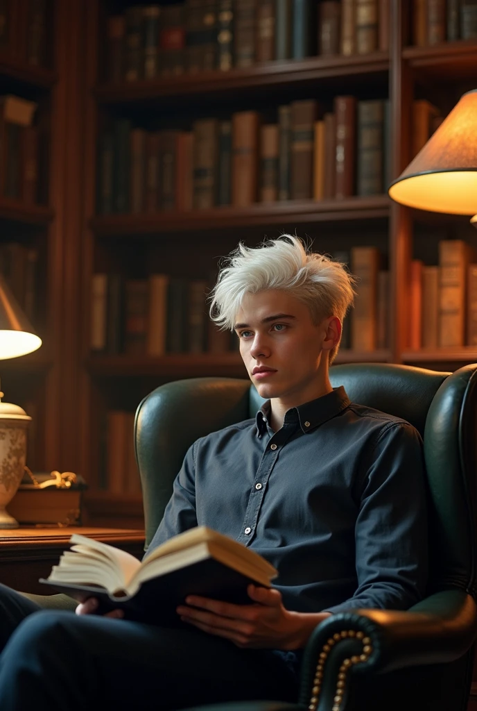 Incredibly handsome 17 year old boy late teens with white-blonde hair, very very pale skin, and grayish-blue eyes. Albino. Dressed in dark grayish-blue button up shirt and reading a book. Background of library. Faceclaim of Colin Ford