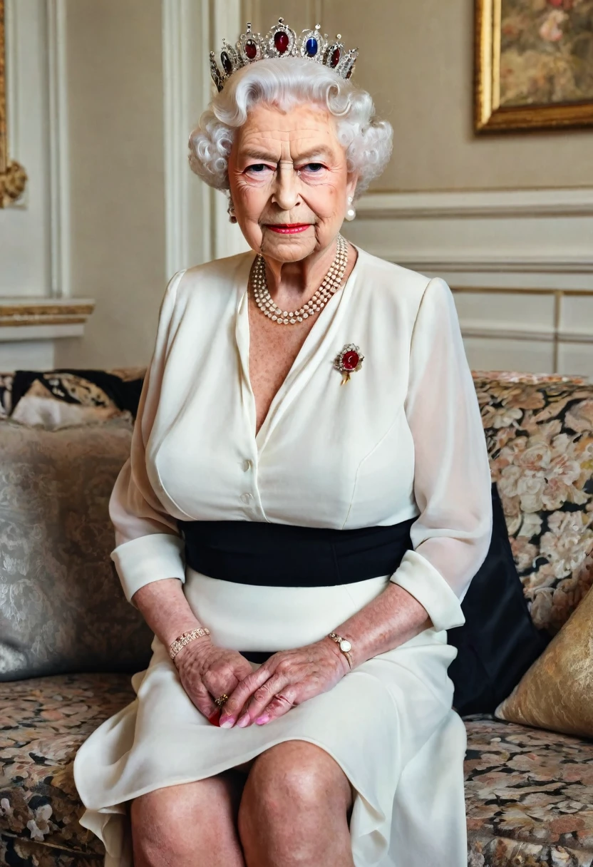 (gorgeous queen elizabeth 80yo ), (huge saggy breast:1.6),  (dressed for a party with elegant white chiffon shirt:1.4), (black skirt), (sitting on sofa), lipsticks