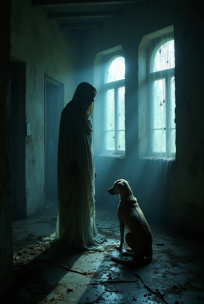 A beggar who looks like a ghost standing with a dog inside the villa with a scary environment around them with all over spiders wide without light 