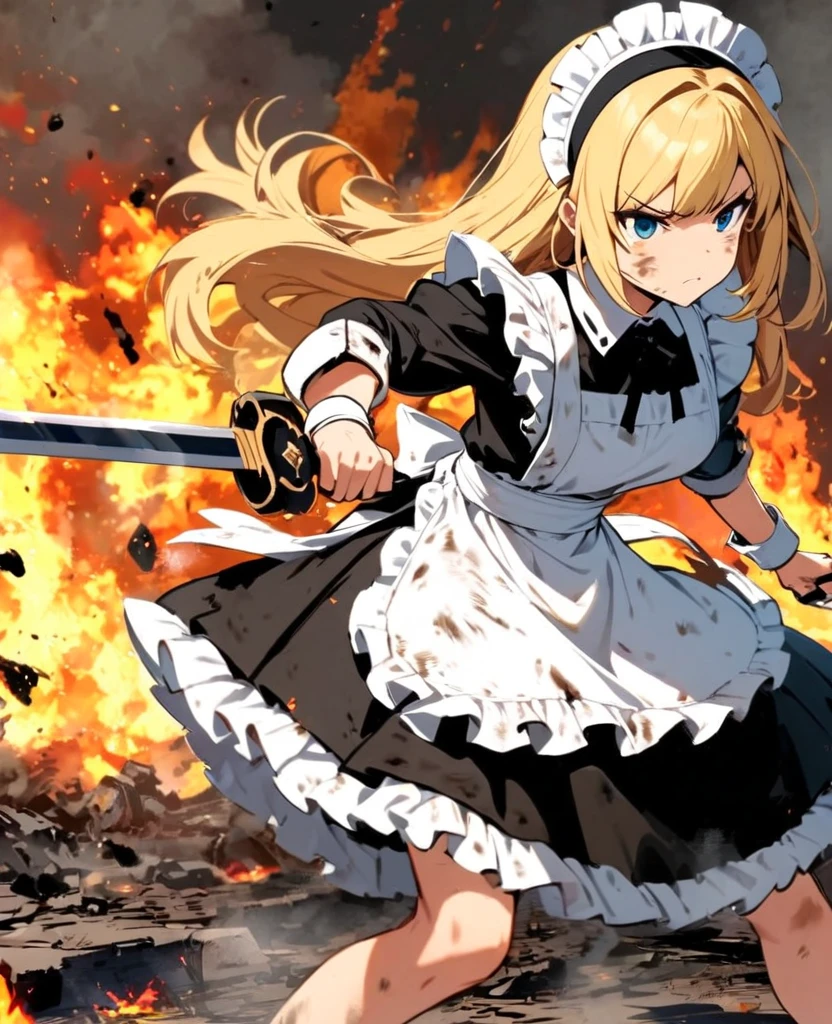 One Woman, Blonde, cute, Slightly longer, Apron dress, Maid clothes, Fighting with a sword, Burning Battlefield, It's dirty, Torn clothing, 