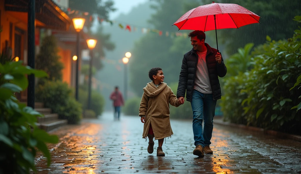 A small boy walking in rain he wore a sack. A young pair walking behind him and they saw that small boy that small walking on road And they given their umbrella to that small boy. that small boy removed that sack and taken that umbrella. that small boy wear umbrella. that young pair felt very happy and watching that small boy how he is walking in that rain wearing umbrella. now the pair don't have umbrella. the pair walking without umbrella.Realistic, intricate details, vibrant colours.