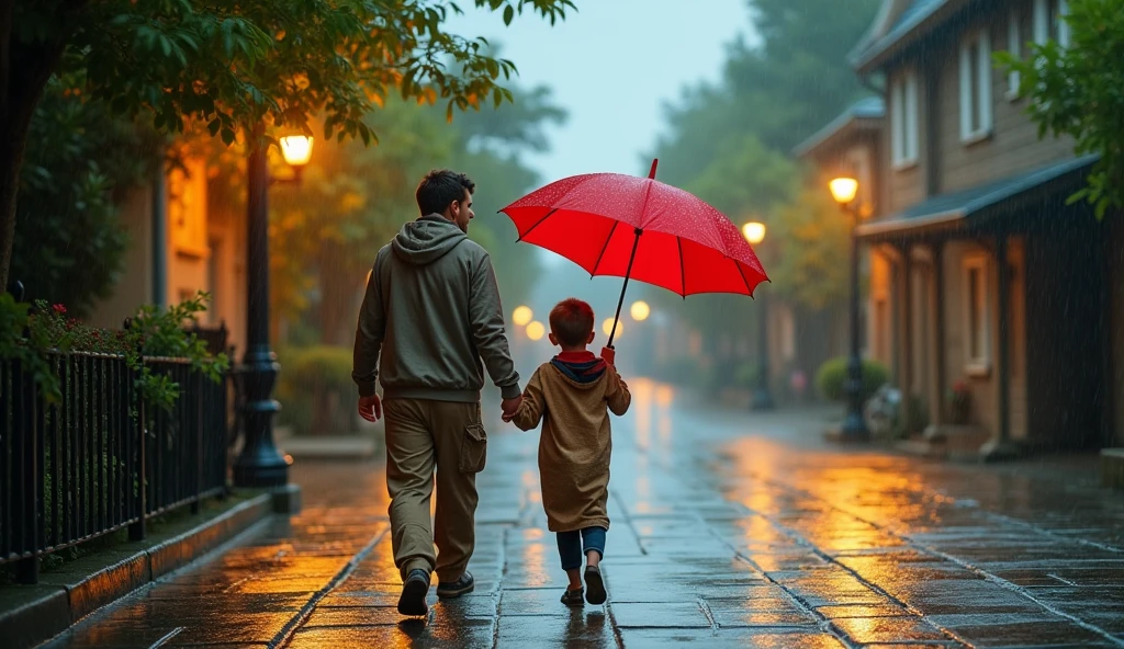 A small boy walking in rain he wore a sack. A young pair walking behind him and they saw that small boy that small walking on road And they given their umbrella to that small boy. that small boy removed that sack and taken that umbrella. that small boy wear umbrella. that young pair felt very happy and watching that small boy how he is walking in that rain wearing umbrella. now the pair don't have umbrella. the pair walking without umbrella.Realistic, intricate details, vibrant colours.