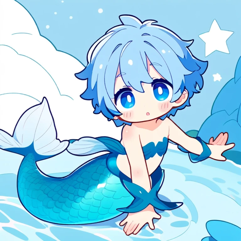 1boy, kawaii, merman, long merman tail below waistline, water, blue hair, blue eyes, 