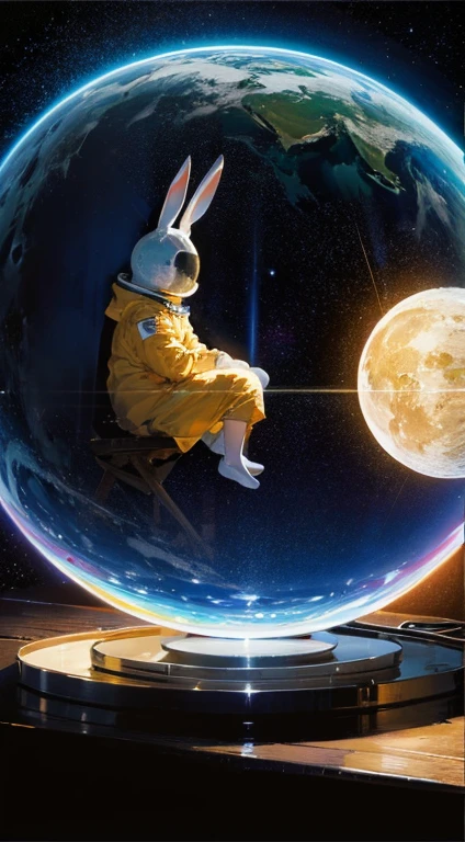 (best quality, highres:1.2),ultra-detailed, moon surface, space bunny astronaut,sitting , side view,illustration, cosmic dreamy colors, gentle studio lighting,craters,powdered surface,stars in the background,peaceful atmosphere, cute and fluffy sunny costume, (earth sphere:1.3)