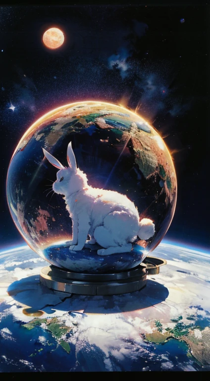 (best quality, highres:1.2),ultra-detailed, moon surface, space bunny astronaut,sitting , side view,illustration, cosmic dreamy colors, gentle studio lighting,craters,powdered surface,stars in the background,peaceful atmosphere, cute and fluffy sunny costume, (earth sphere:1.3)