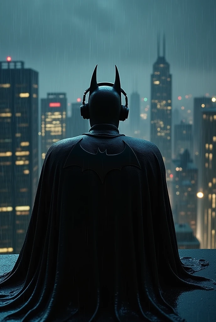 Batman just chilling on top of the building listening to music while it's raining. In the background we see city skyline 