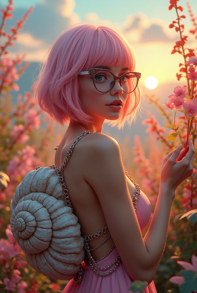 Girl with hairy shell, big breasts and glasses, blue eyes, short pink hair and nude brown skin