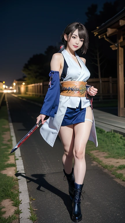 (8k、RAW Photos、Highest quality、masterpiece:1.2)、(Realistic)、(Chubby)、One woman、((A purple and white furisode kimono、Navy blue))((I can see your shoulders、Thighs、Small breasts、boots))、((Black hair ponytail 1.3))(Thighs1.2)、((whole body、View from the front、Looking into the camera、Bright expression、Holding a Japanese sword))、(A youthful face with beautiful eyes..3)、(Nighttime mansion background in the Sengoku period)