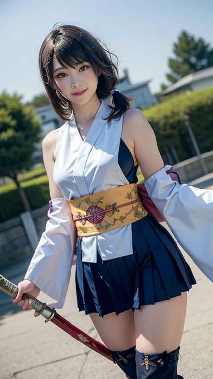 (8k、RAW Photos、Highest quality、masterpiece:1.2)、(Realistic)、One woman、((A purple and white furisode kimono、Navy blue))((I can see your shoulders、Thighs、Small breasts、boots))、((Black hair ponytail 1.3))(Thighs1.2)、((whole body、View from the front、Looking into the camera、Bright expression、Holding a Japanese sword))、(A youthful face with beautiful eyes..3)、(Nighttime mansion background in the Sengoku period)