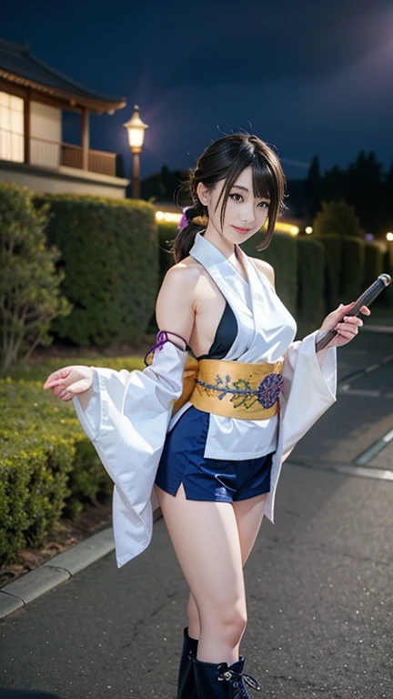 (8k、RAW Photos、Highest quality、masterpiece:1.2)、(Realistic)、One woman、((A purple and white furisode kimono、Navy blue))((I can see your shoulders、Thighs、Small breasts、boots))、((Black hair ponytail 1.3))(Thighs1.2)、((whole body、View from the front、Looking into the camera、Bright expression、Holding a Japanese sword))、(A youthful face with beautiful eyes..3)、(Nighttime mansion background in the Sengoku period)