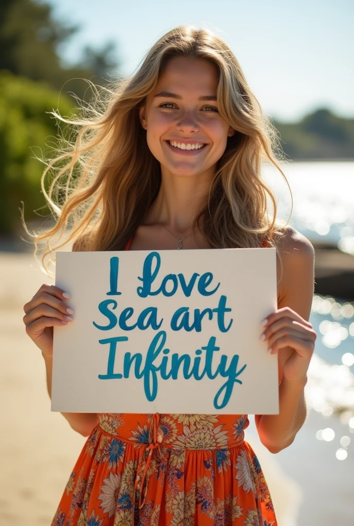 Beautiful girl with wavy long hair, bohemian dress, holding a white board with text "I Love Seaart Infinity" and showing it to the viewer