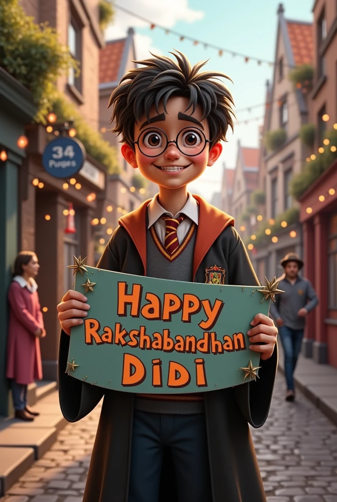 Harry Potter holding a banner stating ‘Happy Rakshabandhan Didi’