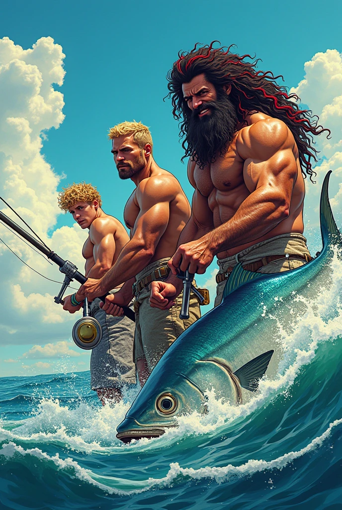 1 God fisherman with blonde curly hair and small muscles ,1 god fisherman with long black and red hair with huge muscles ,1 god fisherman with dark brown afro hair small muscles ,catching hug fish  with animated face strong jawline, comic type