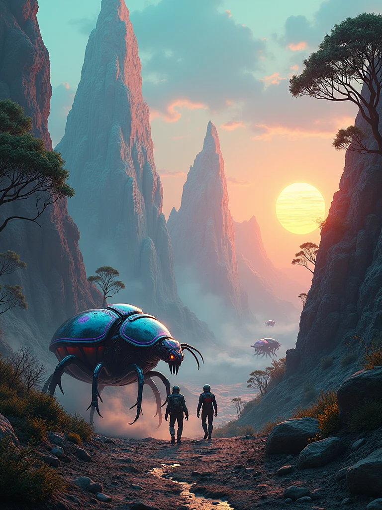 An awe-inspiring cinematic scene set on an alien planet during dusk, with towering crystalline structures and twisted vegetation. Giant, insect-like alien creatures with bioluminescent shells, sharp mandibles, and multiple glowing eyes roam the landscape. A group of space explorers, dressed in futuristic armor and armed with plasma rifles, stand ready for battle against the alien creatures. The atmosphere is tense, with dust particles floating in the air, illuminated by the glow of alien moons. The scene features hyper-detailed, ultra-realistic, and cinematic lighting that casts eerie shadows and neon light reflections, immersing the viewer in the story., cinematic