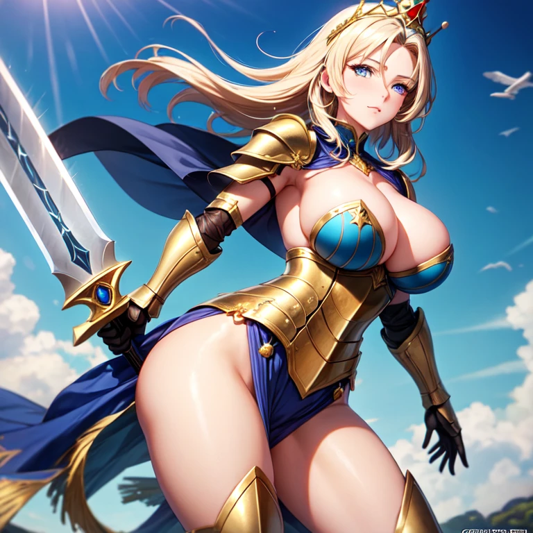 beautiful, A hot and warlike mature milf mother with golden hair, blue eyes, and large breasts, fully clad in closed armor with a crown on her head, holding a sword and shield.