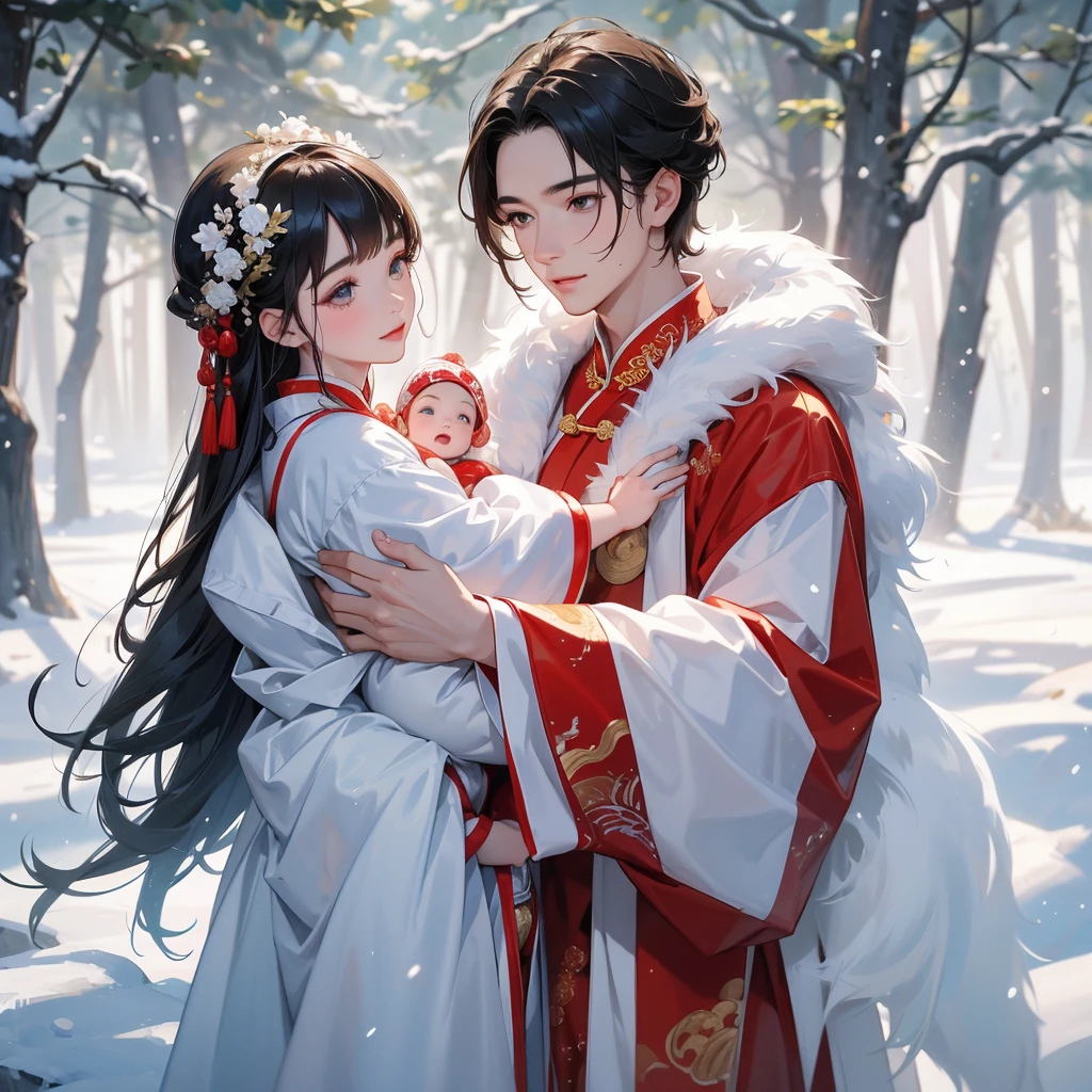 A one-year-old baby boy in an ancient Chinese baby costume with his beautiful mother, dressed in an ancient Chinese costume, In a forest where there was only white snow everywhere. The trees were still covered in white snow. A very strong blizzard, playing with each other, with his handsome father standing next to his mother, close up