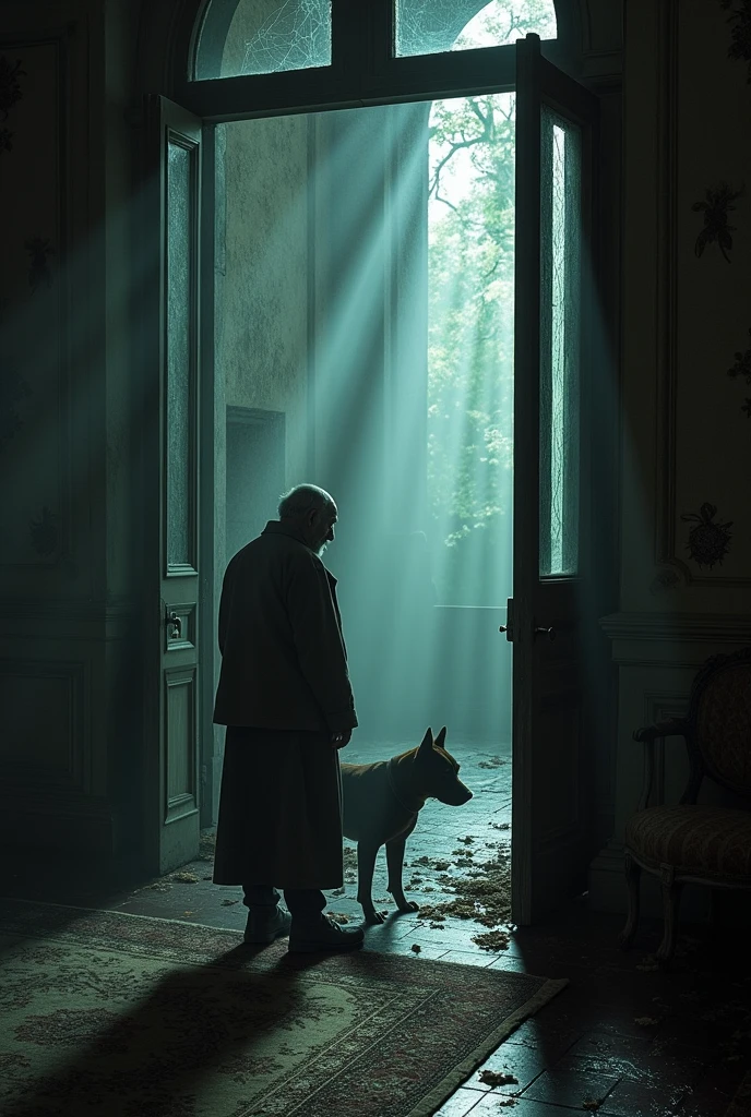A beggar standing with a dog inside the villa with a scary environment around them with all over spiders wide without light