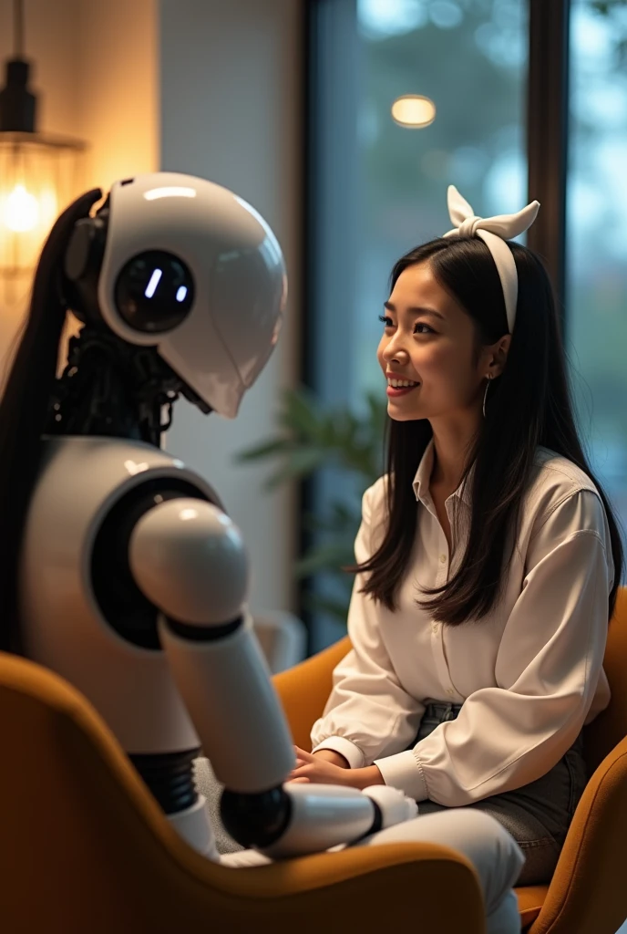 Generate a photo of a girl and a robot talking, but they shouldn't hold hands with each other. The girl is 22 years old, SHE'S A GROWN WOMAN,Her hair is straight, black, She doesn't have bangs, on her head a white sweetness. The robot and the girl should be sitting on chairs. The background should be a studio.