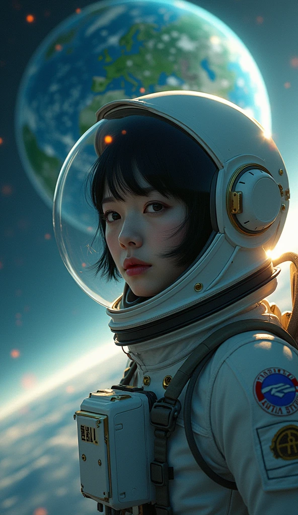 jaxsa、Adult woman with depression、Japanese、Black Hair、Brown eyes、Pink Lips、Spacesuit、Upper Body、universe space、Earth、Real、Masterpiece、Highest quality、Light reflecting off the helmet、