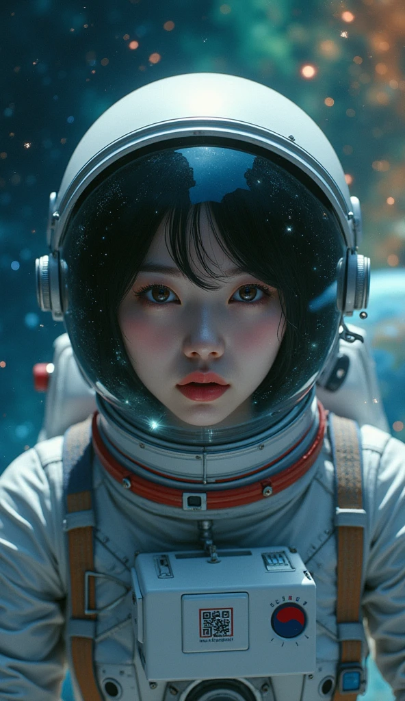 jaxsa、Adult woman with depression、Japanese、Black Hair、Brown eyes、Pink Lips、Spacesuit、Upper Body、universe space、Earth、Real、Masterpiece、Highest quality、Light reflecting off the helmet、