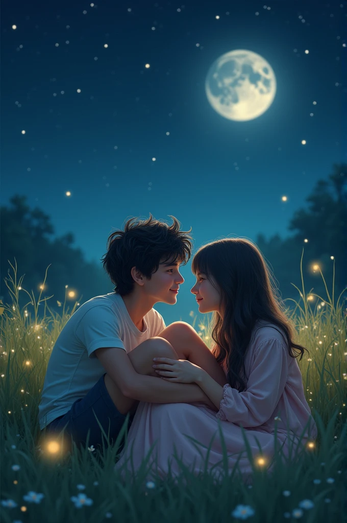 Create an animated image of a couple in the grass, at night, while the boy is lying on the girl's legs.