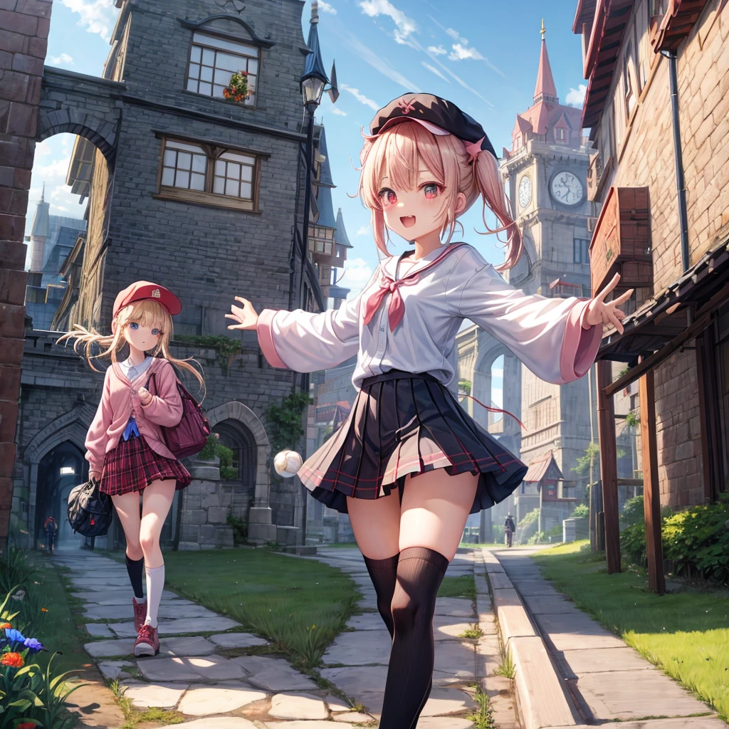 Pink Blonde、Red eyes、Hair tied up、Two cute、Checked mini skirt、black t-shirts、cardigan、Knee-high socks、bear ears baseball cap、Teeth are visible、Monster Castle、Tilting face、crossing the bridge、hazakura、windmill、grass、Stones are growing out of the ground.、impregnable、A teddy bear is walking、Morning glory is blooming.、In front of the city gates