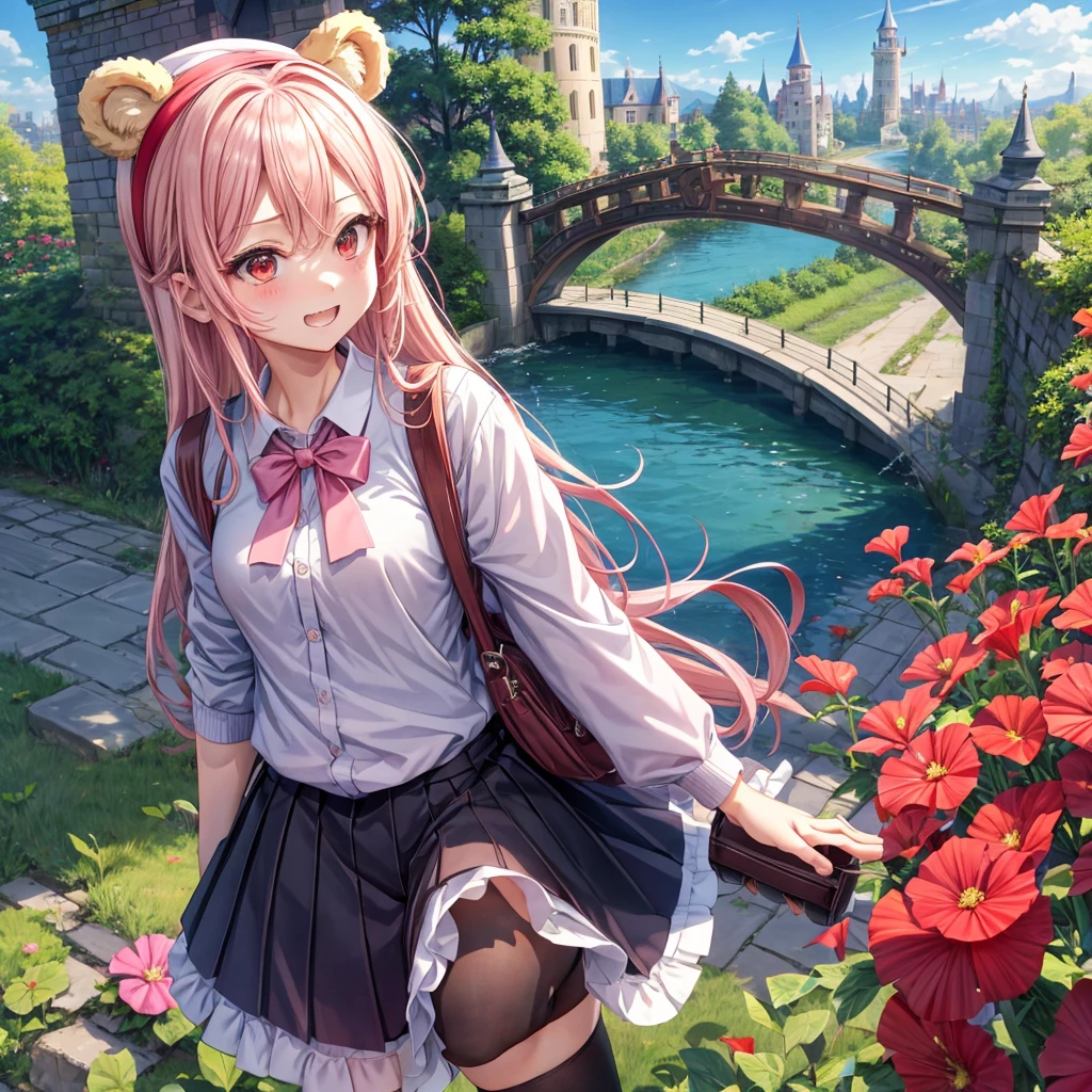 Pink Blonde、Red eyes、Hair tied up、Two cute、Checked mini skirt、black t-shirts、cardigan、Knee-high socks、bear ears baseball cap、Teeth are visible、Monster Castle、Tilting face、crossing the bridge、hazakura、windmill、grass、Stones are growing out of the ground.、impregnable、A teddy bear is walking、Morning glory is blooming.、In front of the city gates