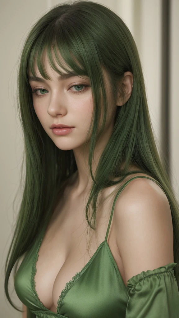 a girl. European. Extremely detailed face. Oval face. Delicate facial features. Half-closed eyes. Long straight hair. Messy hair. Bangs. Green hair. Green eyes. Big breasts. Green silk nightgown. Sexual expression