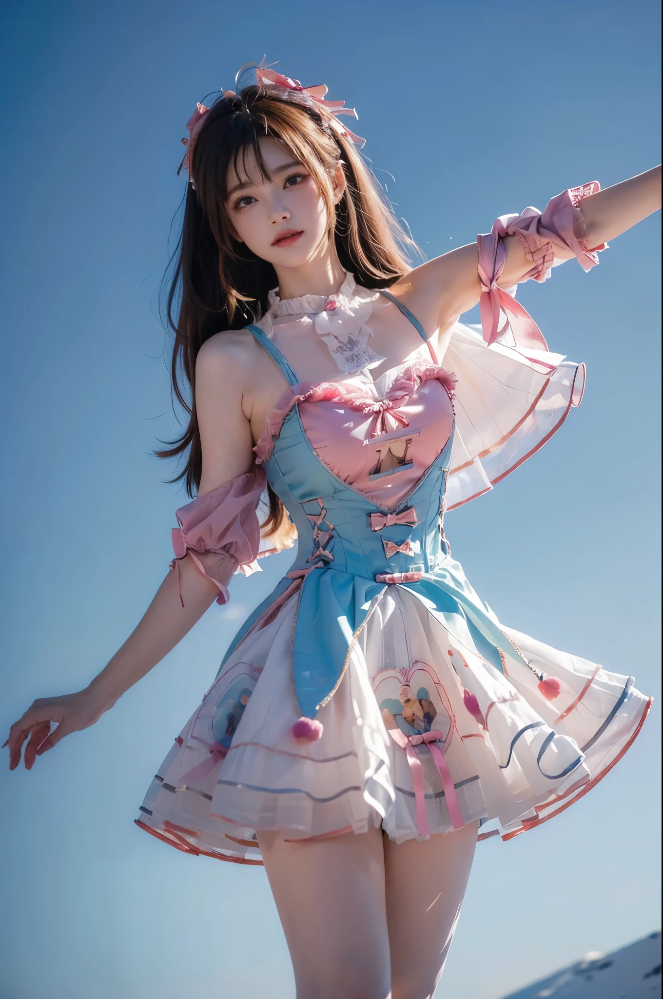 sweet_dress, ((Cowboy shooting)), ((Bare shoulders)), ((Short skirt, Sexy long legs)), ((Dance poses, Random View)), Practical detailed photo of a giant breasted girl with exposed shoulders, Delicate fingers, High quality skin, Red Eyes, Alone in a winter scene with clouds, wind, and long flowing hair, (best quality,4K,8K,high resolution,masterpiece:1.2),Extremely detailed,(Practical,photoPractical,photo-Practical:1.37),Studio Lighting,Bright colors