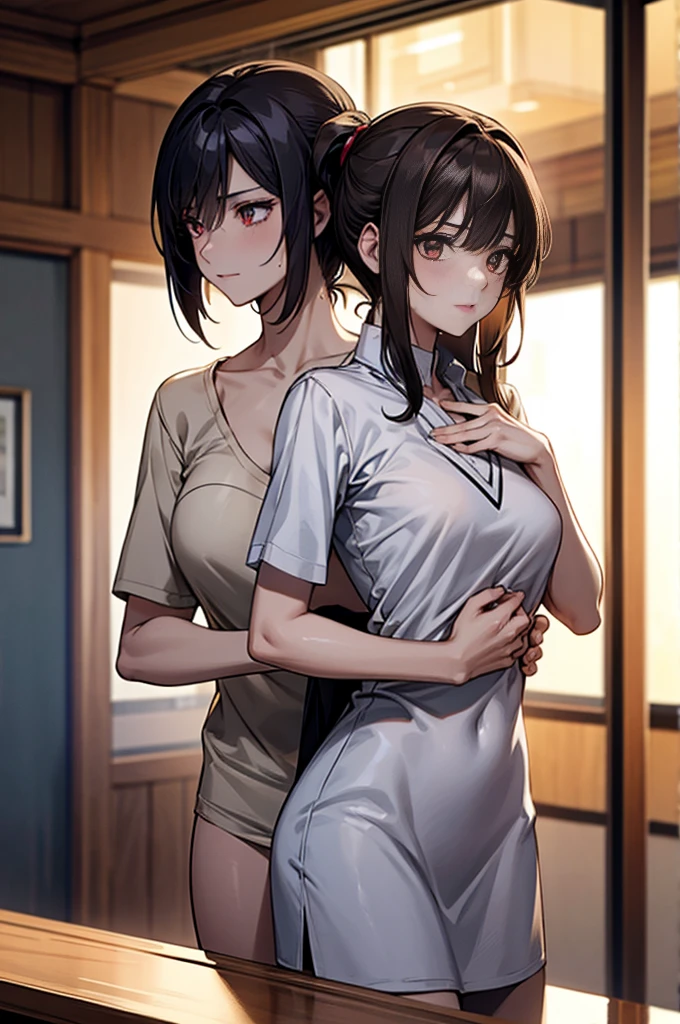 （masterpiece，high quality），2 people，（The first person is 155cm tall,Slender body,Thin chest,Black hair ponytail,Slanted Eyes,2 people目は身長165cm,Healthy sex appeal,Nice body,Large Breasts,Chestnut brown bob haircut,Drooping eyes）Leading the way，Anime，See each other，Embrace each other，Gentle idea-m chest，Wet shirt，（Standing on the lake），Morning Glow：1.2，Side view