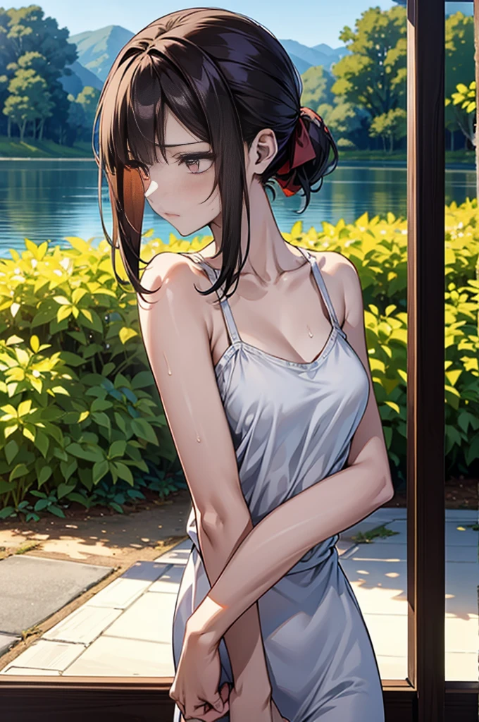(masterpiece,high quality),2 people,(The first person is 155cm tall,Slender body,Thin chest,Black hair ponytail,Slanted Eyes,2 people目は身長165cm,Healthy sex appeal,Nice body,Large Breasts,Chestnut brown bob haircut,Drooping eyes)Leading the way,Anime,See each other,Embrace each other,Gentle idea-m chest,Wet shirt,(Standing on the lake),Morning Glow:1.2,Side view