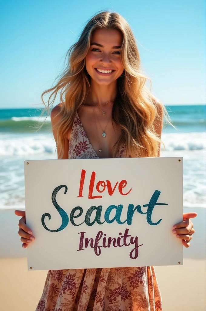 Beautiful girl with wavy long hair, bohemian dress, holding a white board with text "I Love Seaart Infinity" and showing it to the viewer