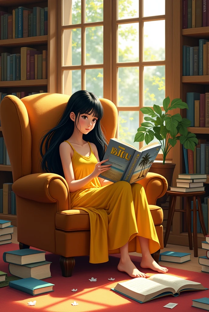 A beautiful girl wearing a yellow dress with black hair reading a book titled "BISU" with a grey book cover featuring a beach scene, sitting inside the library