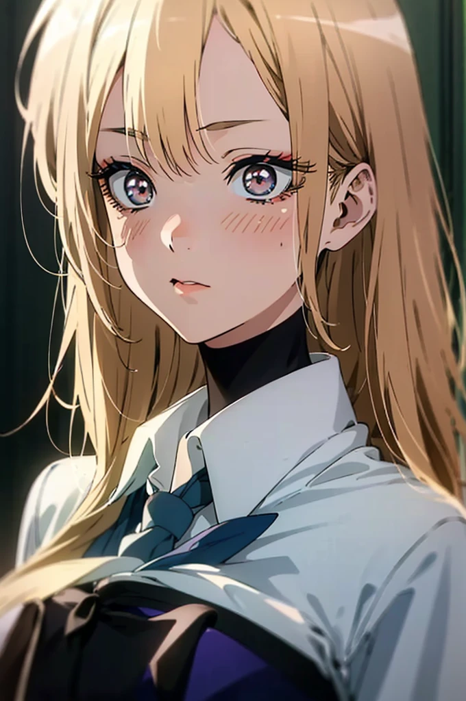 marin kitagawa, medium breasted, long blonde hair, (school uniform), beautiful detailed eyes, beautiful detailed lips, extremely detailed face, longeyelashes, realistic, photorealistic, photo-realistic:1.37, (best quality,4k,8k,highres,masterpiece:1.2),ultra-detailed, vivid colors, studio lighting, professional