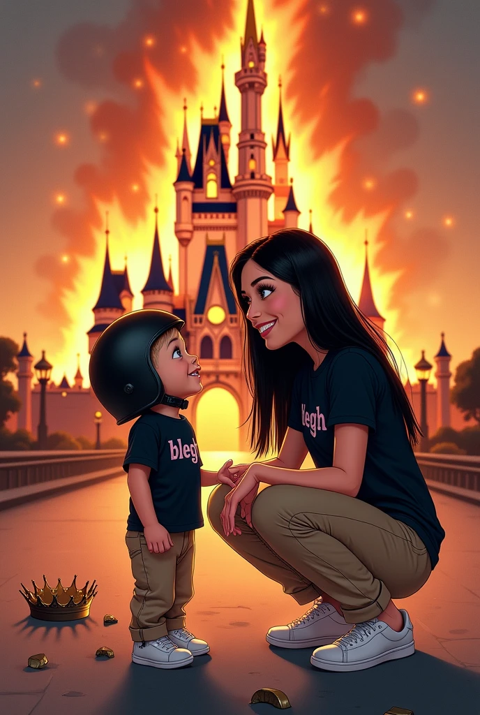 kag:
Create a picture in disney style
Mom who likes metal, brown eyes, pale skin, heavily mascaraed eyelashes, no jewelry, long black straight hair, black shirt with the inscription "blegh" , beige baggy (not high waist) , white sneakers. Smiles at her blonde 3 year old son. There is , brown eyes, blonde hair. loves his green bike. He wears a black helmet. Son has a monster truck on his shirt.Mother and son smile and look at each other.
In the background, the Disney castle burns in large flames and is almost destroyed.. There is a broken crown lying on the floor.