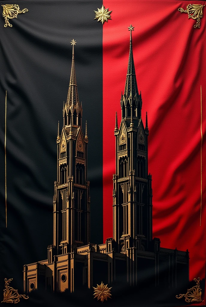A flag of a country that has two towers in the center and the colors of the flag are black and red