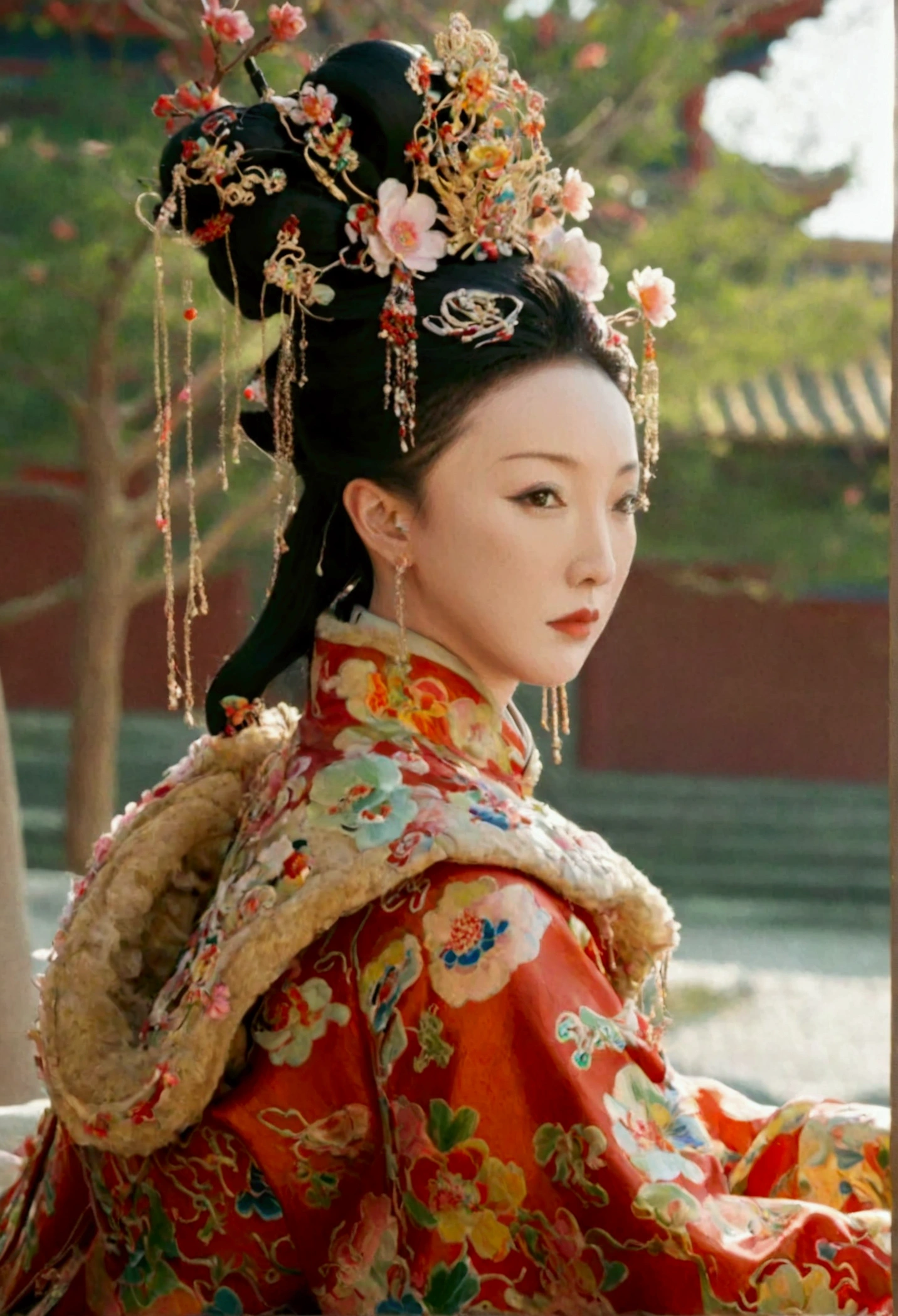 A front view of the Qing Dynasty Empress with her legs spread apart, showing her large chest. A naked Qing Dynasty Empress with a crown on, showing her stomach, thighs and feet from below.。She is completely naked, showing off her gorgeous large flowers and hairpins, her hair tied up and pulled up, and the background is the stone paving of the Chinese palace of the Qing Dynasty.