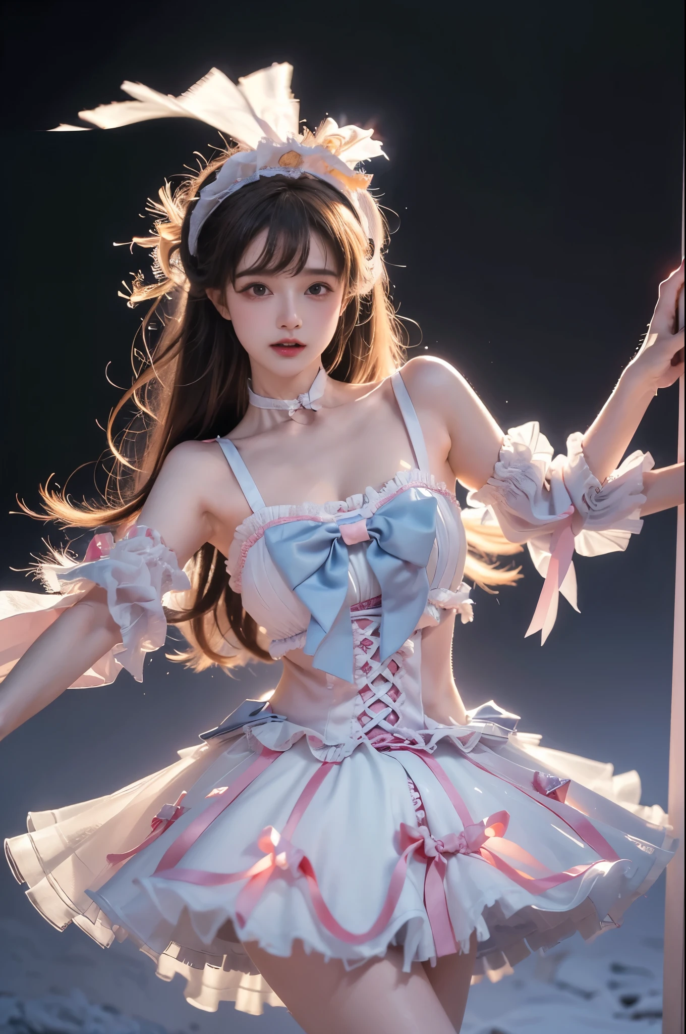 sweet_ta, ((Cowboy shooting)), ((Bare shoulders)), ((Short skirt, Sexy long legs)), ((Dance poses, Random View)), Practical detailed photo of a giant breasted girl with exposed shoulders, Delicate fingers, High quality skin, Red Eyes, Alone in a winter scene with clouds, wind, and long flowing hair, (best quality,4K,8K,high resolution,masterpiece:1.2),Extremely detailed,(Practical,photoPractical,photo-Practical:1.37),Studio Lighting,Bright colors