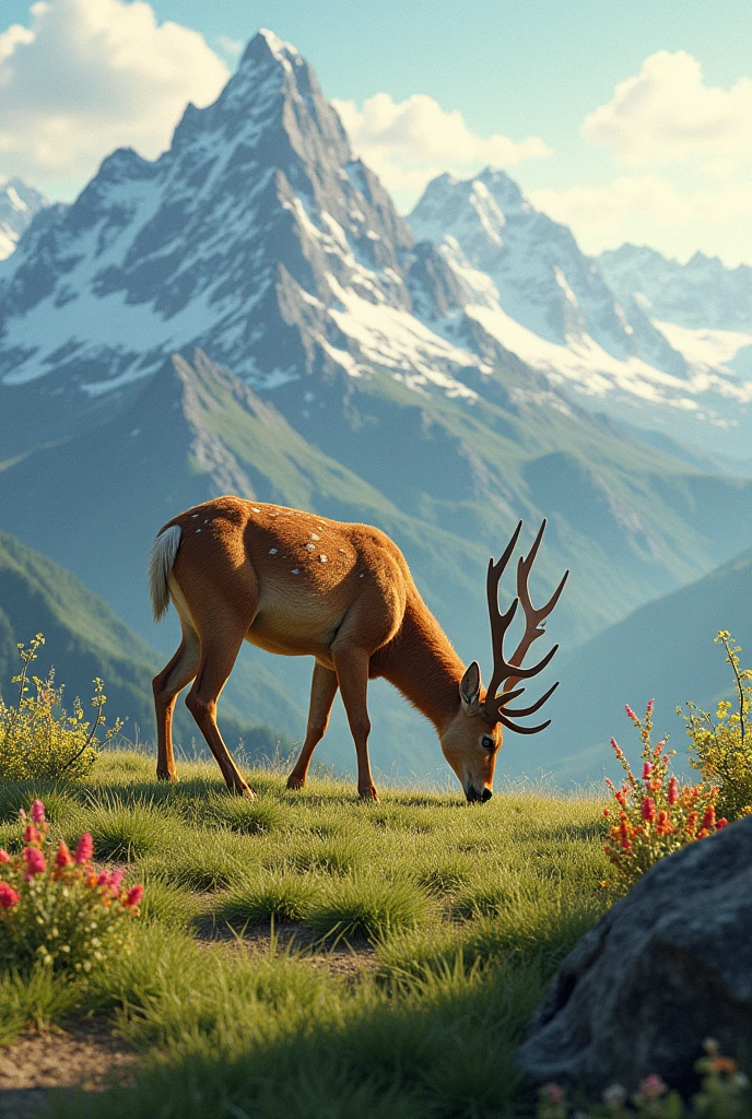 An amynos is eating grass on the mountain.
