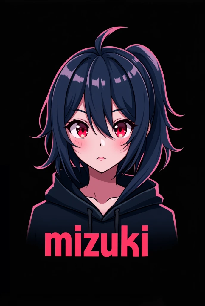 Logo for "mizuki" , Gamer , black background , styled font , Anime girl , dark blue hair , modern day mullet hair style , black hoodie , red eyes , almond eye