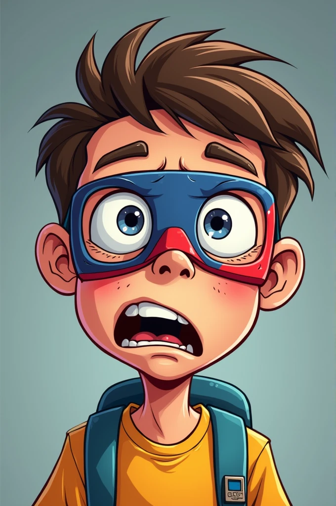 Here's a description of the cartoonish image:

A student is shown with a confused and frustrated expression. The school's logo is prominently displayed on their forehead, with another logo covering their entire face like a mask. The logos are cartoonishly large and colorful, with bold fonts and bright colors. The student's eyes are wide with disappointment, and their mouth is open as if they're about to speak out against the poor education they're receiving. The background is a dull gray, representing the lackluster learning environment.!