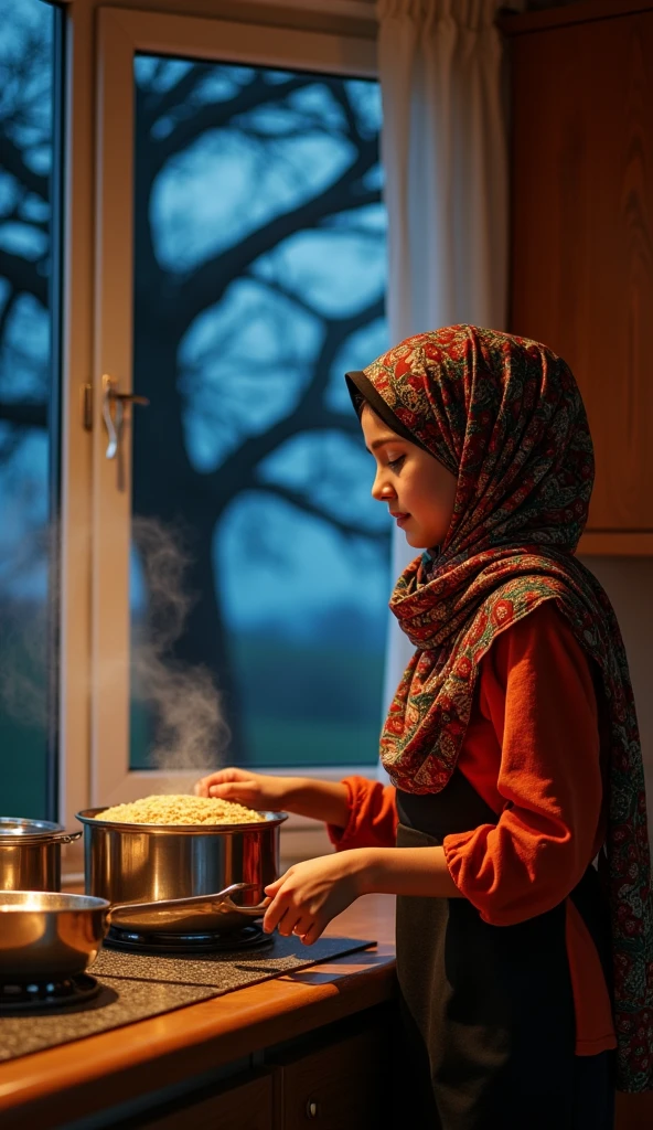 a animation hijabi girl is making hundiya standing in kitchen its back side a window is present , through window a tree is see and midnight time moonlight reflect through window inside things
