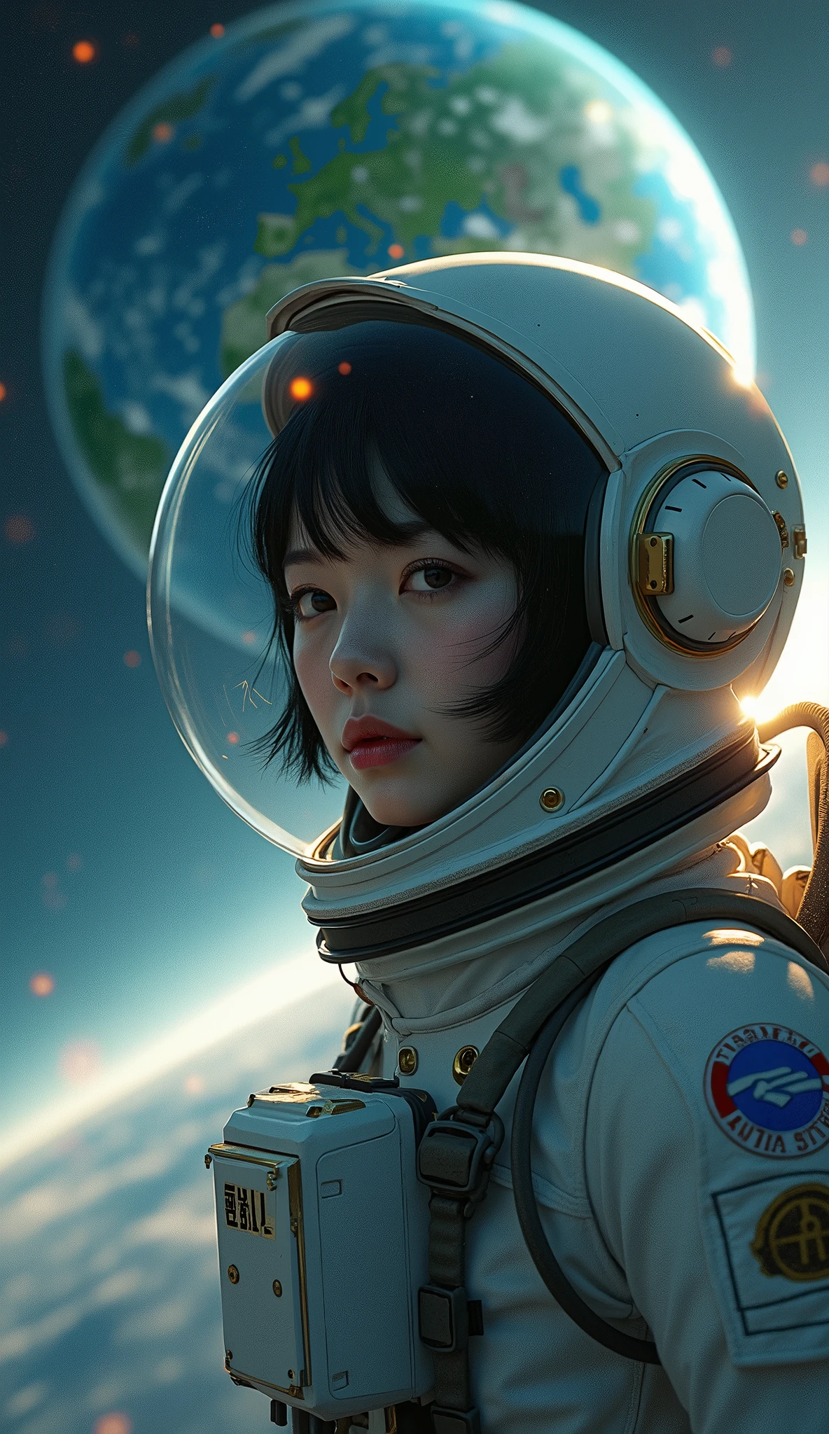 jaxsa、Adult woman with depression、Japanese、Black Hair、Brown eyes、Pink Lips、Spacesuit、Upper Body、universe space、Earth、Real、Masterpiece、Highest quality、Light reflecting off the helmet、