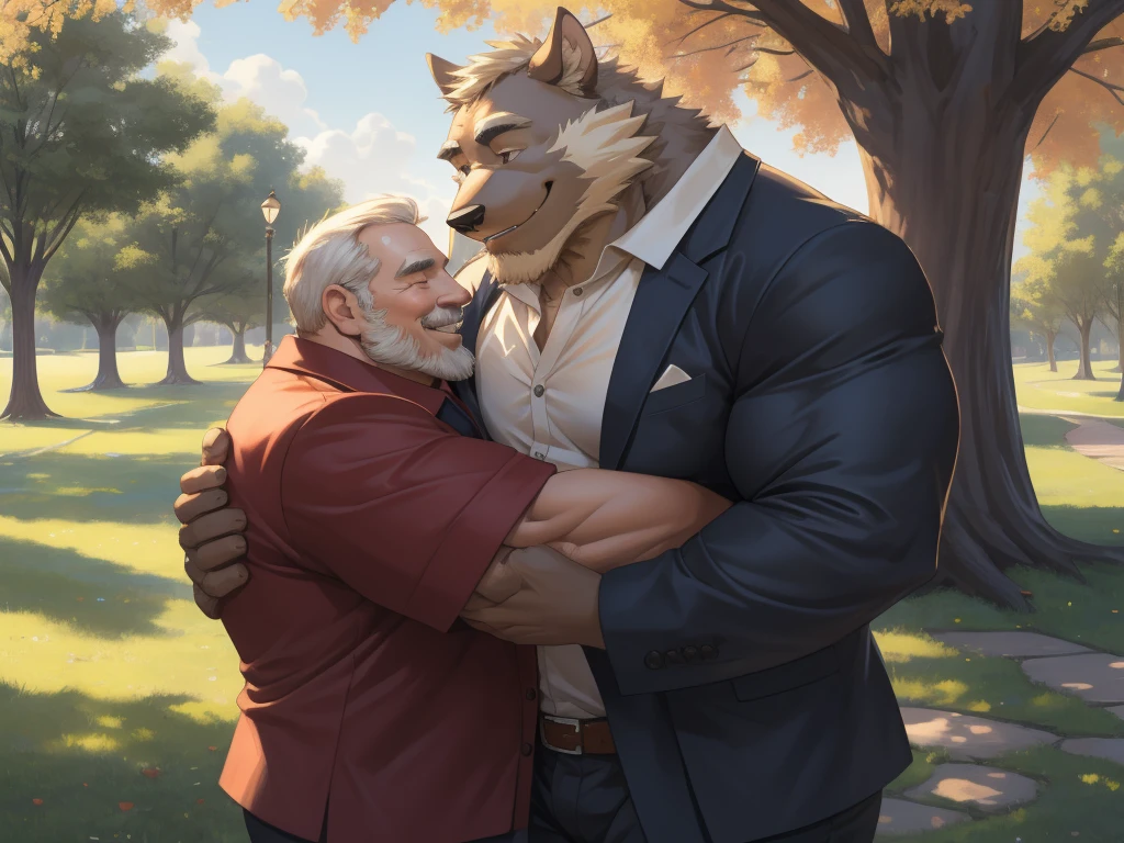 4K, detailed, soft color, Vintage images, highres, park, unparalleled masterpiece, absurdres, love story of human old man and giant huge Muscular furry, hug, hugging, pair, Height difference, Physical difference, perfect anatomy, smile, joyful, play with, smile, happy