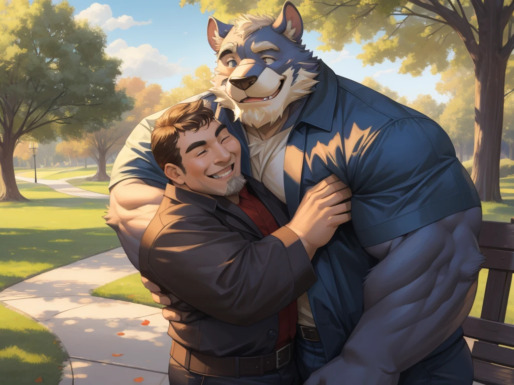 4K, detailed, soft color, Vintage images, highres, park, unparalleled masterpiece, absurdres, love story of human old man and giant huge Muscular furry, hug, hugging, pair, Height difference, Physical difference, perfect anatomy, smile, joyful, play with, smile, happy