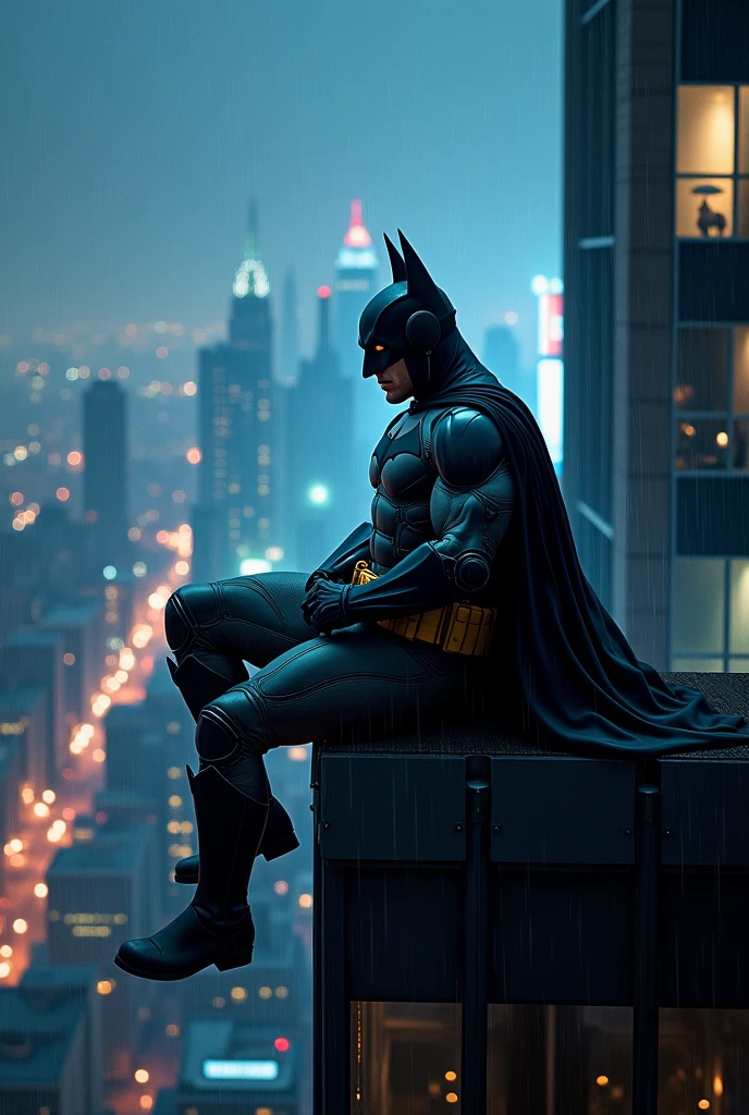 Batman just chilling on top of the building listening to music while it's raining. In the background we see city skyline at night
