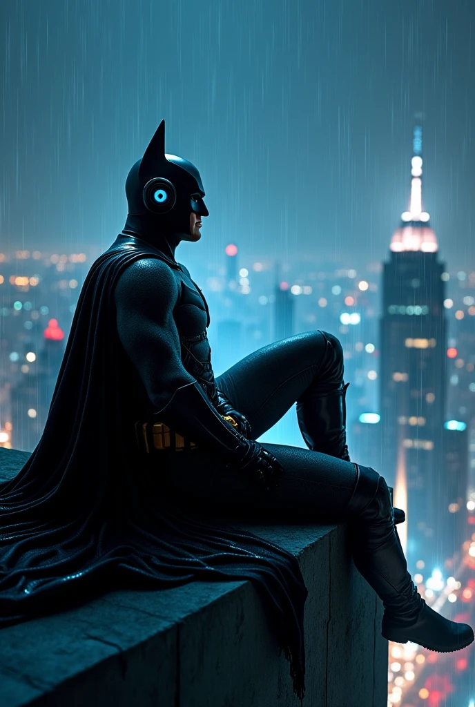 Batman just chilling on top of the building listening to music while it's raining. In the background we see city skyline at night
