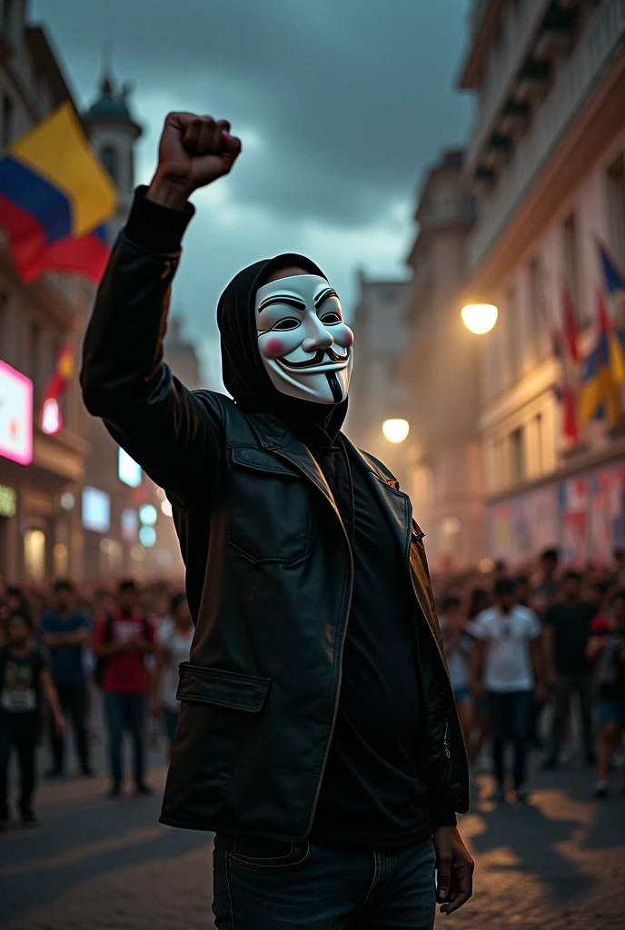 Man with an Anonymous mask hitting Nicolás Maduro